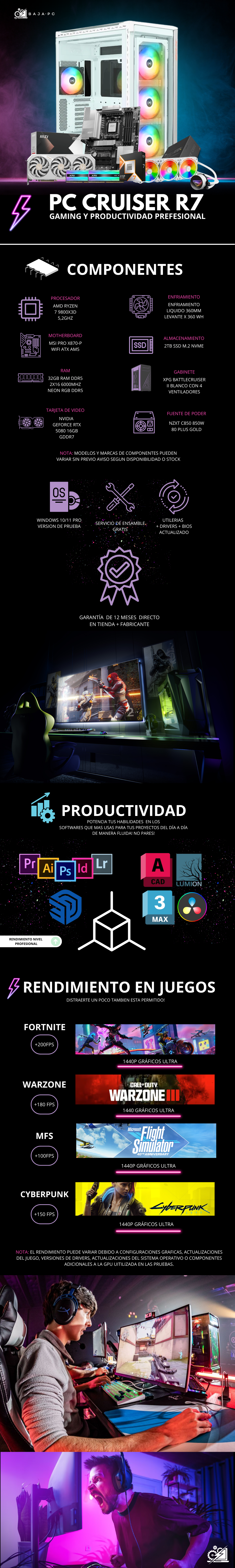 PC CRUISER R7 / AMD RYZEN 7 9800X3D / RTX 5080 / 32GB RAM DDR5 / 2TB SSD NVME / ENFRIAMIENTO LIQ 360MM / FUENTE 850W 80+ GOLD / PROMOCION