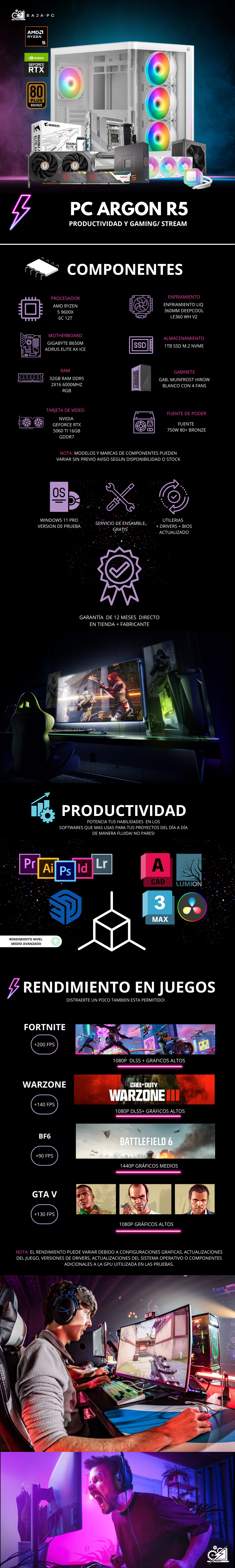 PC ARGON R5 / AMD RYZEN 5 9600X / RTX 5060 TI 16G / 32GB RAM DDR5 / 1TB SSD M.2 NVME / ENFRIAMIENTO LIQ 360MM / B650M / FUENTE 750W 80+ BRONZE / W11 PRO / PROMOCION