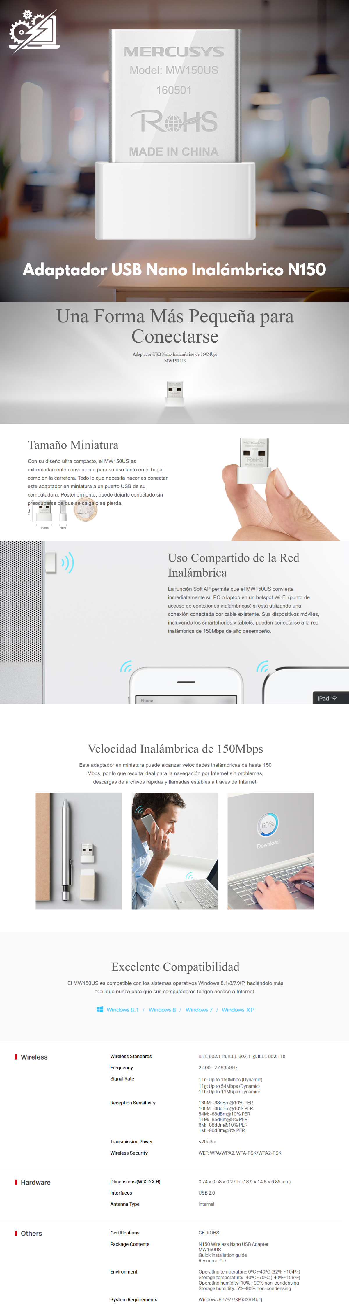 MERCUSYS MW150US Adaptador USB Nano, Inalámbrico, N150
