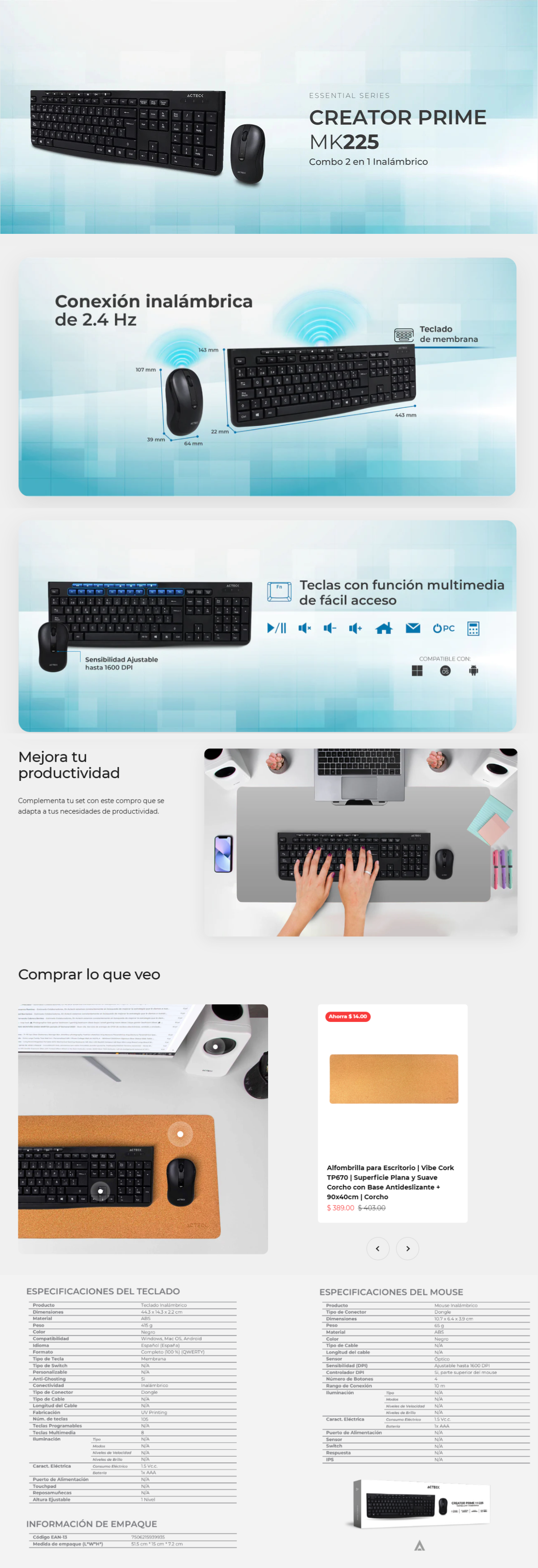 Combo 2 en 1 Inalambrico | Creator Prime MK225 | Teclado Clásico Multimedia + Mouse + 2.4 Mhz + 1600 DPI | Essential | Negro
