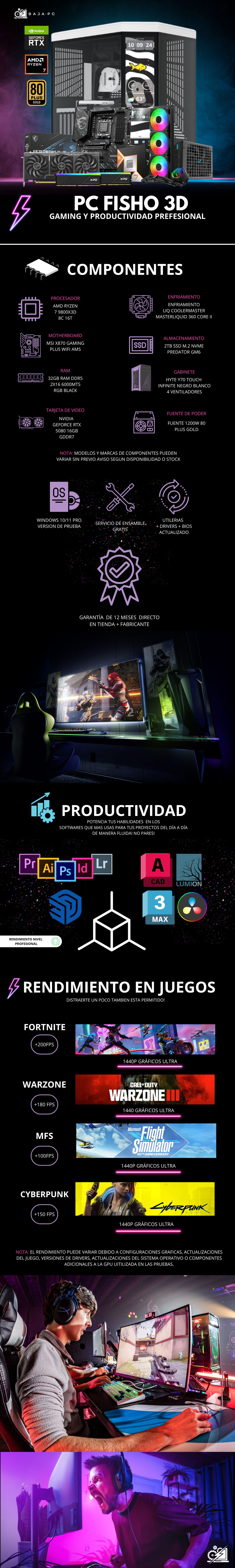 PC FISHO 3D / AMD RYZEN 7 9800X3D / RTX 5080 / 32GB RAM DDR5 / 2TB SSD M.2 NVME / ENFRIAMIENTO LIQ 360MM / FUENTE 1200W 80+ GOLD / Y70 TOUCH INFINITE / PROMOCION