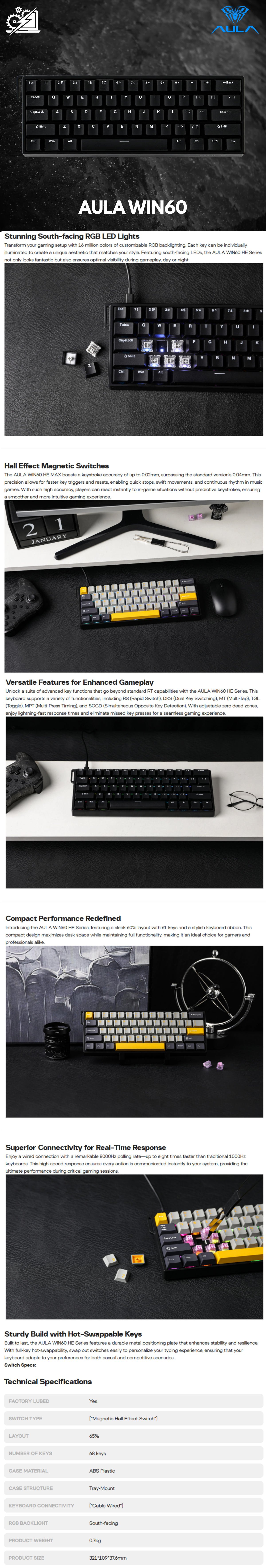 Teclado Gamer Aula WIN60 HE / Teclado Magnético Con Cable / 60% / Ajustable / Frecuencia de Sondeo de 8000 Hz / Interruptores de Efecto Hall / Hot-Swap / Negro