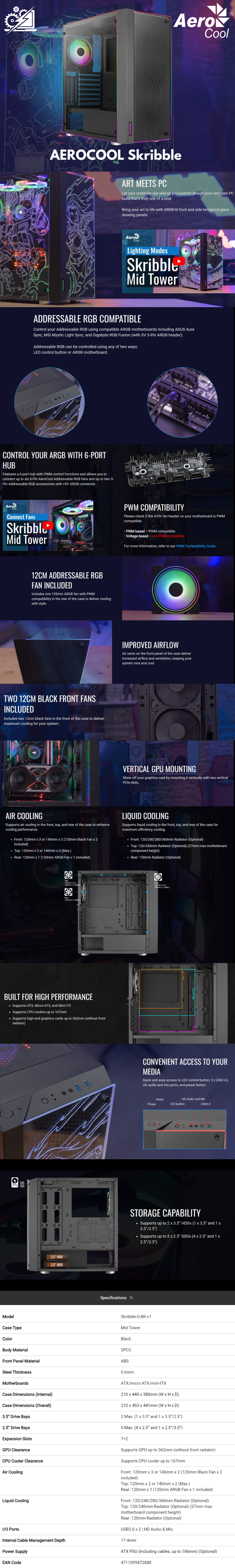 Gabinete AeroCool Skribble con Crstal Templado / ARGB / Midi-Tower, ATX/Micro-ATX/Mini-ITX / USB 3.0 / Sin Fuente / 3 Ventiladores RGB Instalados / Negro / SKRIBBLE-G-BK-V1