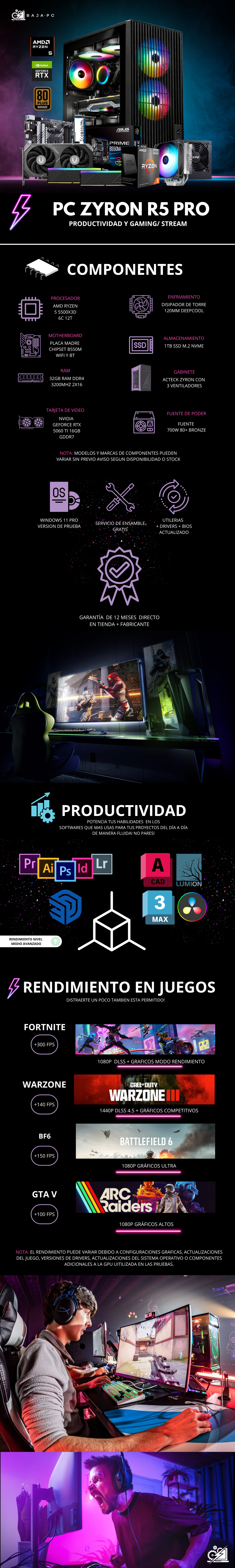 PC ZYRON R5 PRO / AMD RYZEN 5 5500X3D / RTX 5060 TI 16G/ 32GB RAM / 1TB SSD NVME / DISIPADOR DE TORRE 120MM/ FUENTE 700W 80+ BRONZE/ W11 PRO / PROMOCION