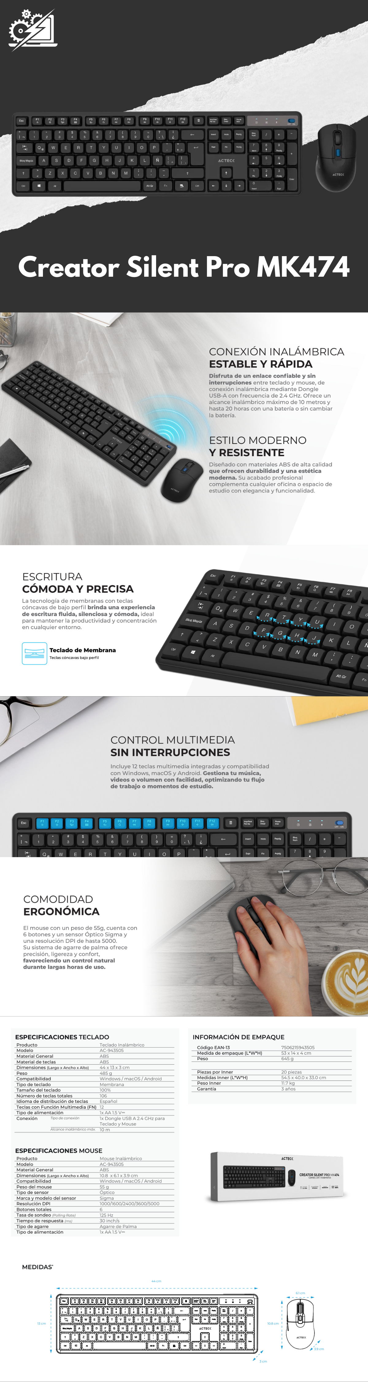 Combo 2 en 1 Inalámbrico | Creator Silent Pro MK474 | Negro