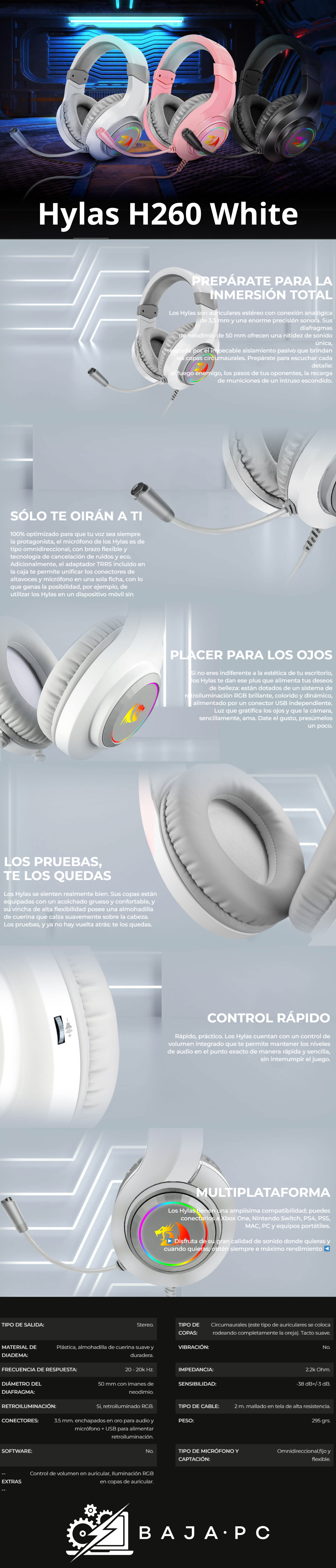 Diadema Gamer Redragon Hylas Blanco H260-RGB-W / 3.5mm + USB / PC / Consolas