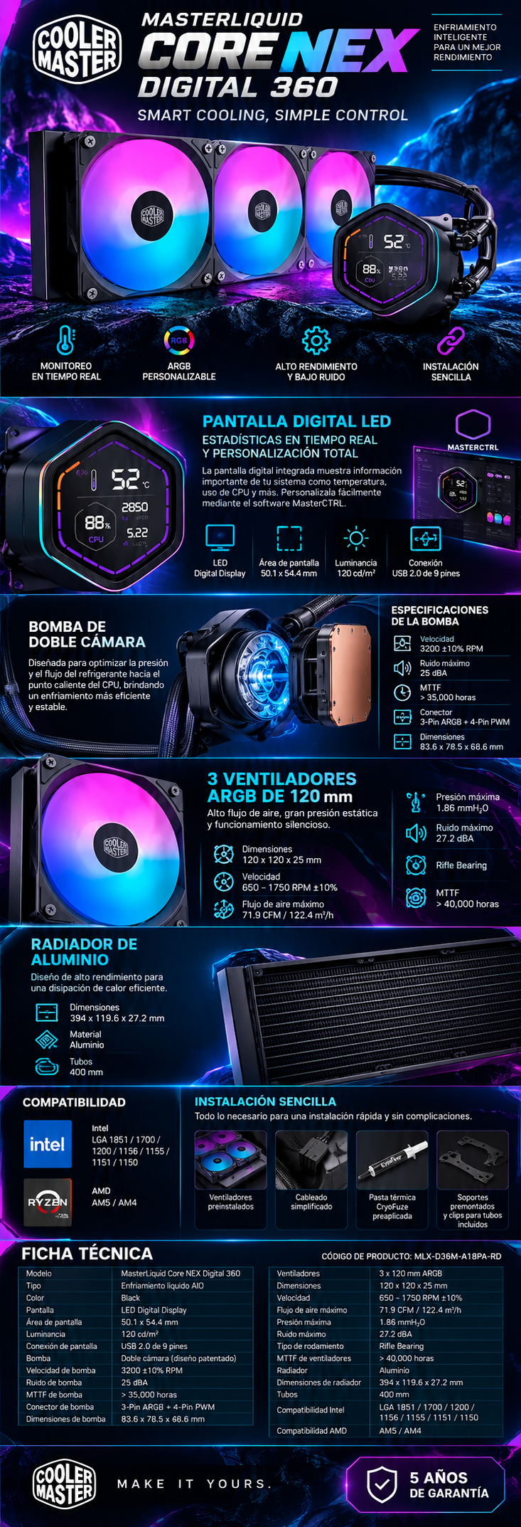 Enfriamiento Líquido Cooler Master MASTERLIQUID CORE NEX DIGITAL 360 Black / 360 mm / Pantalla LED 2.1" / AM5 / AM4 / LGA1851 / 1700 / 1200 / 115x / ARGB / Negro / MLX-D36M-A18PA-RD