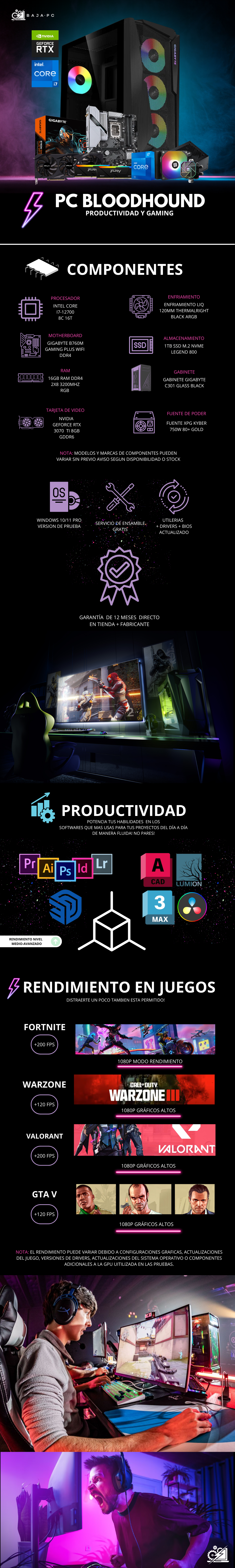 PC BLOODHOUND/ INTEL CORE I7-12700F / RTX 3070 TI / 16GB RAM / 1TB SSD NVME / ENFRIAMIENTO LIQ 120MM / FUENTE 750W 80+ GOLD / PROMOCION