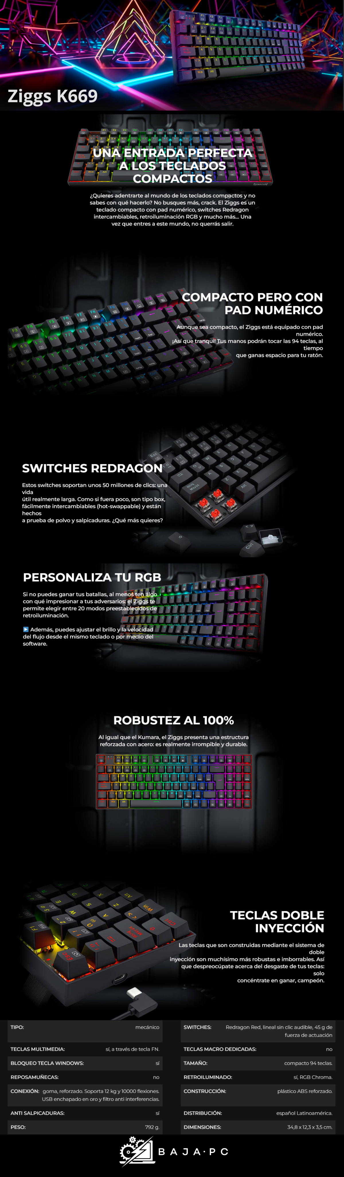 Teclado Gamer Mecánico Redragon Ziggs K669, Switches Red, Alámbrico, Iluminación RGB, Español - K669-RGB-SP