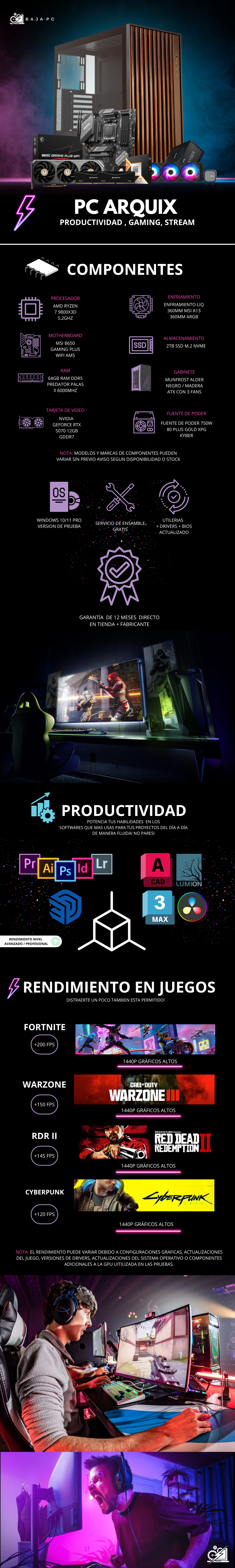 PC ARQUIX / AMD RYZEN 7 9800X3D / RTX 5070 / 64GB RAM DDR5 / 2TB SSD M.2 NVME / ENFRIAMIENTO LIQ 360MM / FUENTE 750W 80+ GOLD / PROMOCION