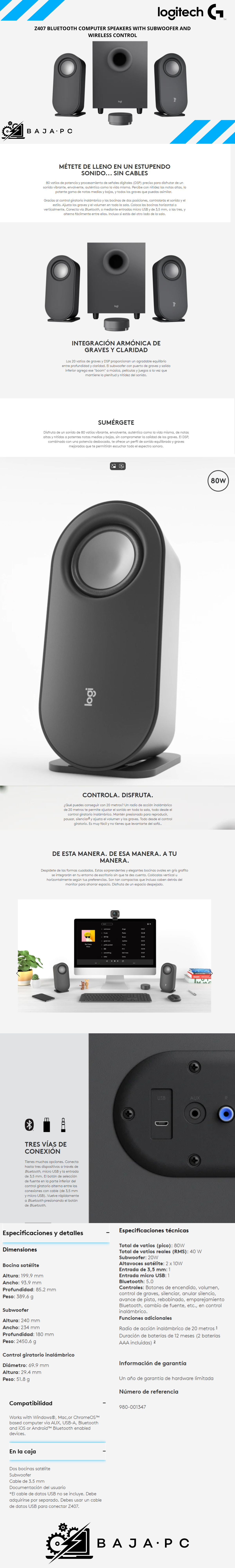 Bocinas Bluetooth Logitech Z407 2.1 Canales / Diseño Minimalista / Control Inalambrico / 980-001347