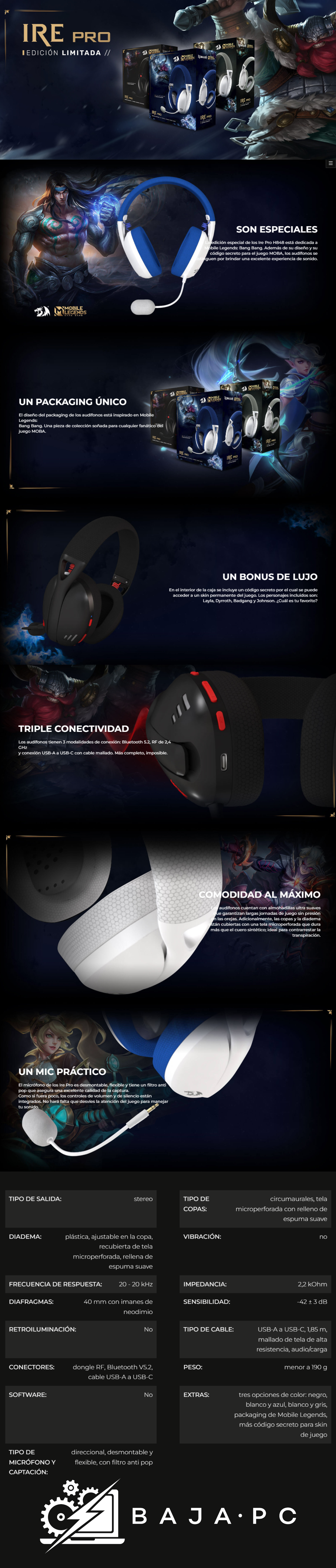iadema Gamer Redragon Ire Pro H848 Blanco/Gris / Alámbricos e Inalámbricos / Stereo / USB / BT / PC / White/Grey / H848MLWG / Edición Especial Mobile Legends: Bang Bang /