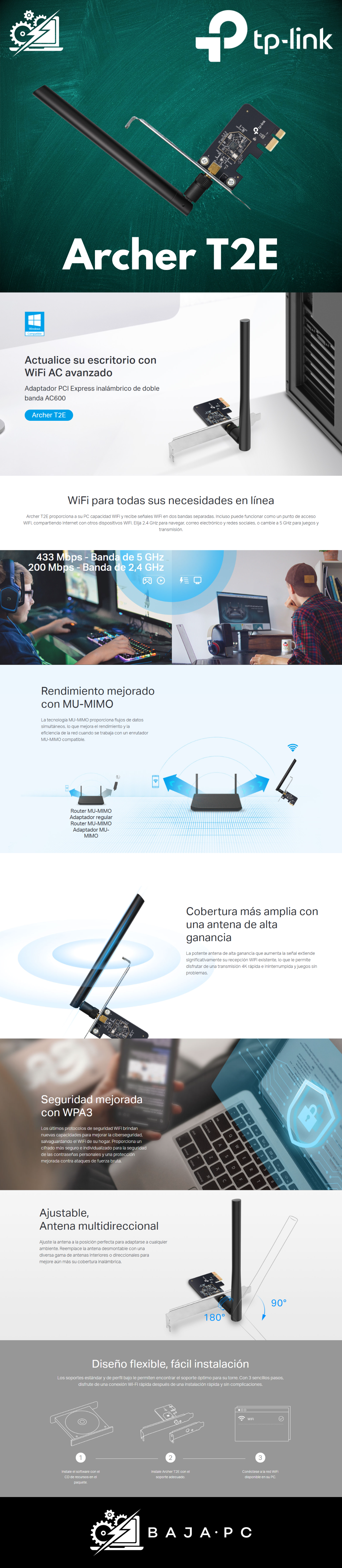 Tarjeta de Red TP-LINK AC600 WIRELESS DUAL BAND ARCHER T2E / 5 GHz / AC600