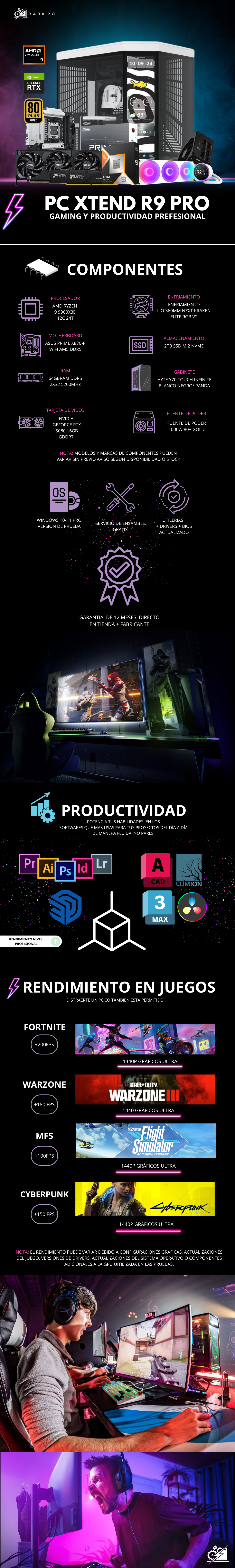 PC XTEND R9 PRO / AMD RYZEN 9 9900X3D / RTX 5080 / 64GB RAM DDR5 / 2TB SSD NVME / ENFRIAMIENTO LIQ CON PANTALLA / FUENTE 1000W 80+ GOLD / W11 PRO / PROMOCION