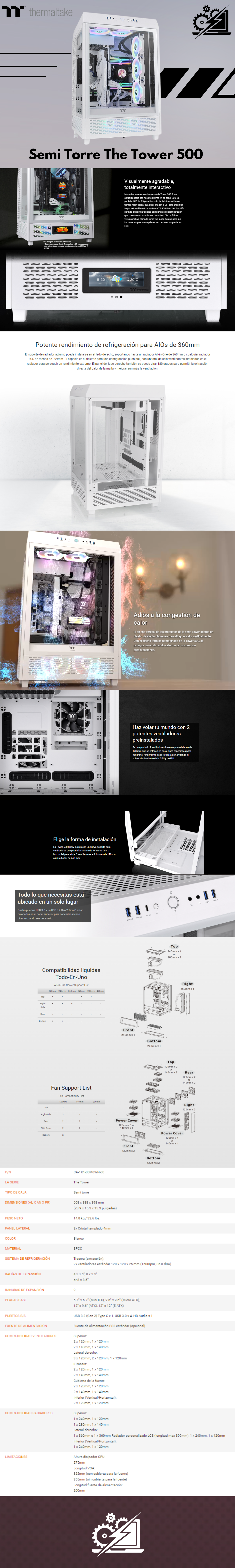 Gabinete Thermaltake Tower 500 / Midi-Tower, ATX/Micro-ATX/Mini-ITX/E-ATX / Cristal Templado / USB 3.2/3.0 / Sin Fuente / 2 Ventiladores Instalados / Blanco / CA-1X1-00M6WN-00