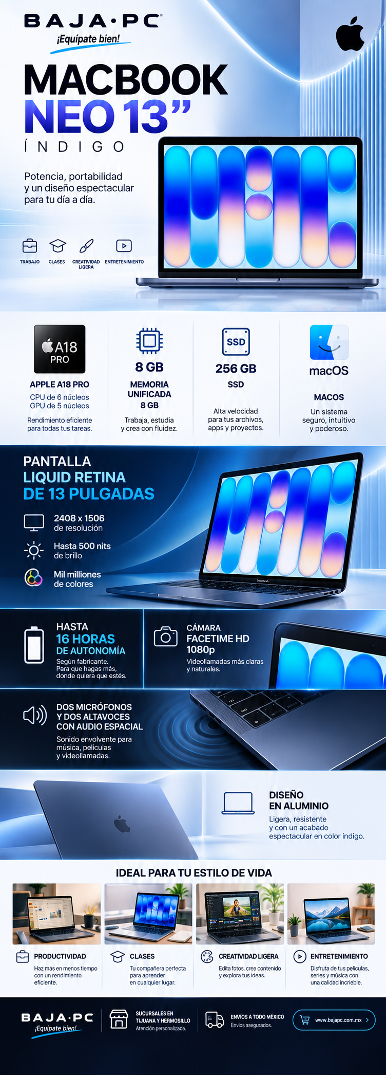 MacBook Neo De 13 Pulgadas A18 Pro, CPU De 6 Nucleos, GPU De 5 Nucleos, 8GB De Memoria Unificada Y Almacenamiento 256GB SSD/ INDIGO