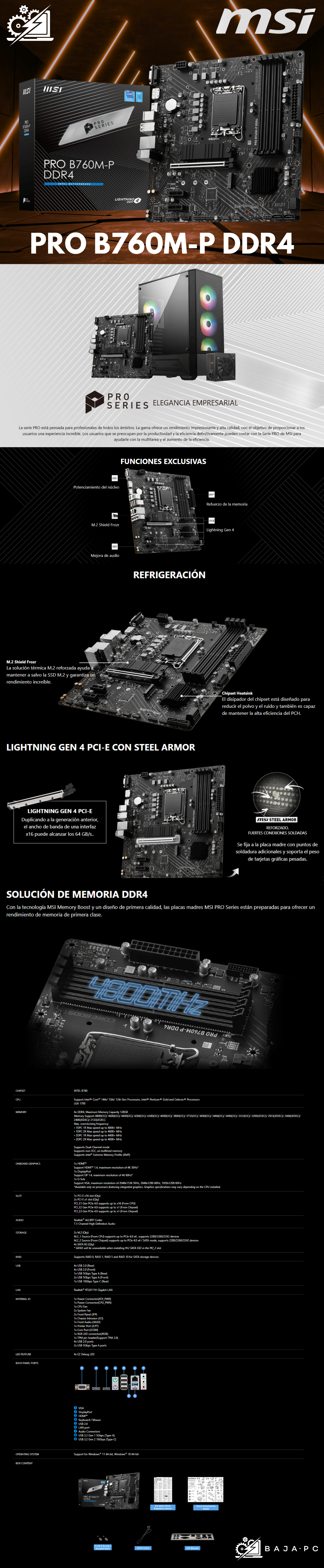 Tarjeta Madre MSI Micro-ATX PRO B760M-P DDR4 / Socket LGA1700 / Intel B760 / HDMI / Up To 128GB DDR4 / PRO B760M-P DDR4