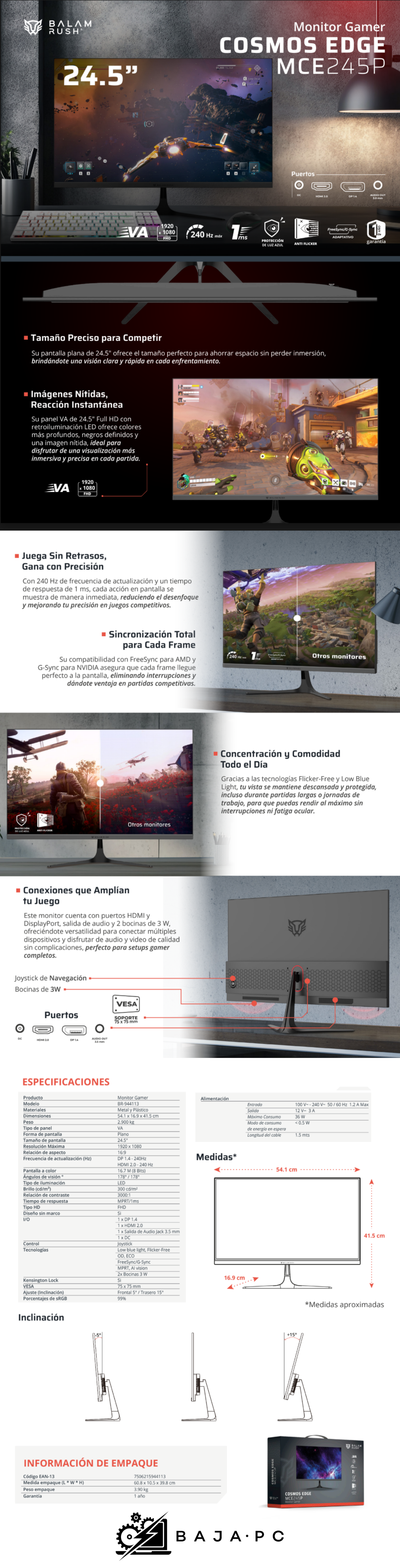 Monitor Gamer 24.5" VA | Cosmos Edge MCE245P/ Negro/ BR-944113