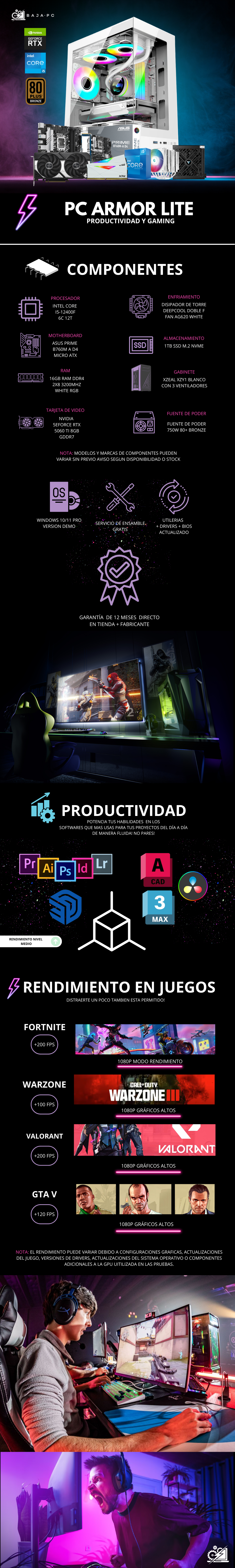 PC ARMOR LITE / INTEL CORE I5-12400F / RTX 5060 TI / 16GB RAM / 1TB SSD NVME / DISIPADOR DE TORRE DOBLE FAN / FUENTE 750W 80+ BRONZE / W11 PRO / PROMOCION