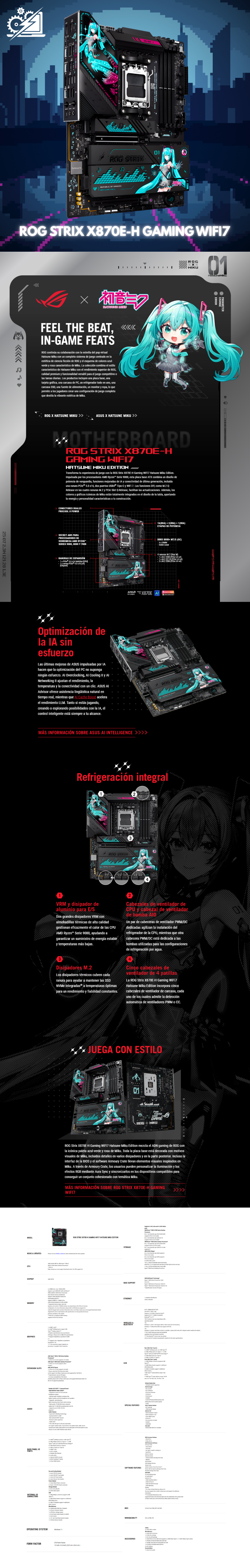 Tarjeta Madre ASUS ROG STRIX X870E-H GAMING WIFI7 EDICIÓN HATSUNE MIKU / ATX / AMD X870E / Up to 256GB DDR5 / ROG STRIX X870E-H GAMING MIKU