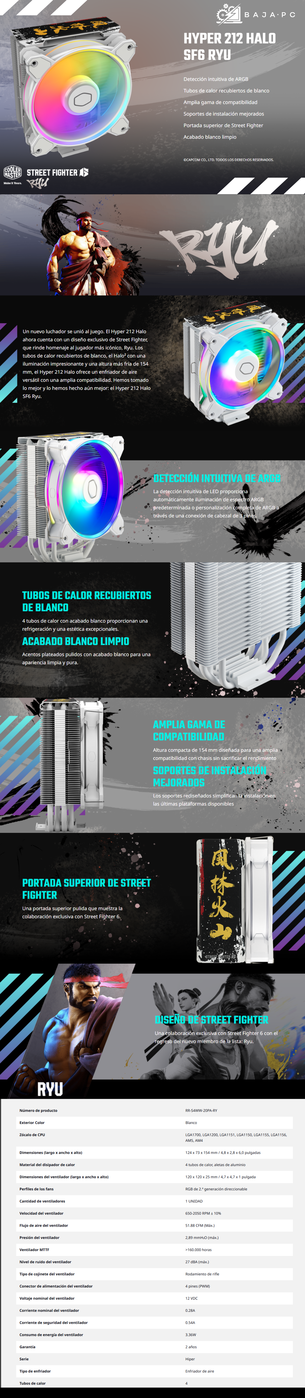 Disipador para CPU Disipador y Ventilador Led RGB Cooler Master Hyper 212 Halo SF6 RYU EDITION / CPU Air Cooler / MF120 Halo² Fan / RR-S4WW-20PA-RY