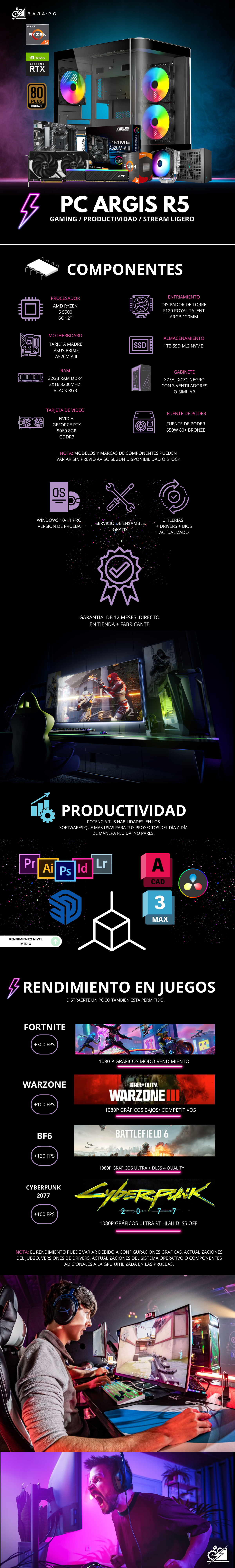 PC ARGIS R5/ AMD RYZEN 5 5500 / RTX 5060 / 32GB RAM / 1TB SSD NVME / DISIPADOR DE TORRE ARGB / FUENTE 650W 80+ BRONZE / W11 PRO / PROMOCION