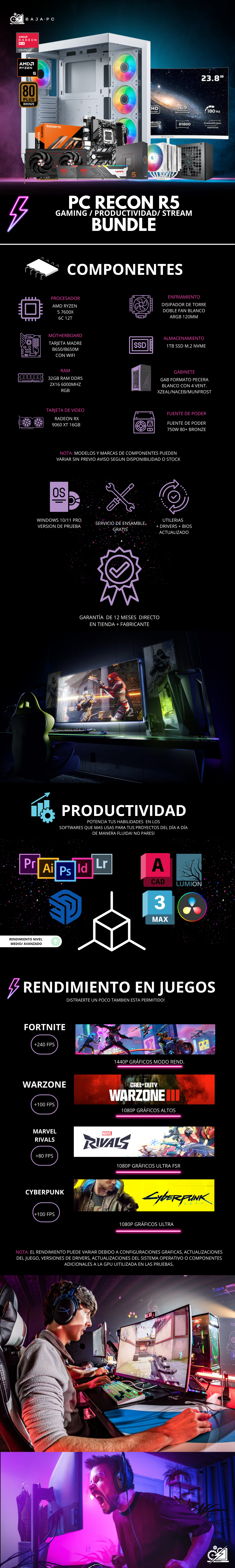 PC RECON R5 BUNDLE/ AMD RYZEN 5 7600X / RADEON RX 9060 XT 16G / 32GB RAM DDR5 / 1TB SSD NVME / DISIPADOR DE TORRE DOBLE FAN / FUENTE 750W 80+ BRONZE/ B650M/ INCLUYE MONITOR 23.8" FHD 180HZ 1MS/ W11 PRO / PROMOCION