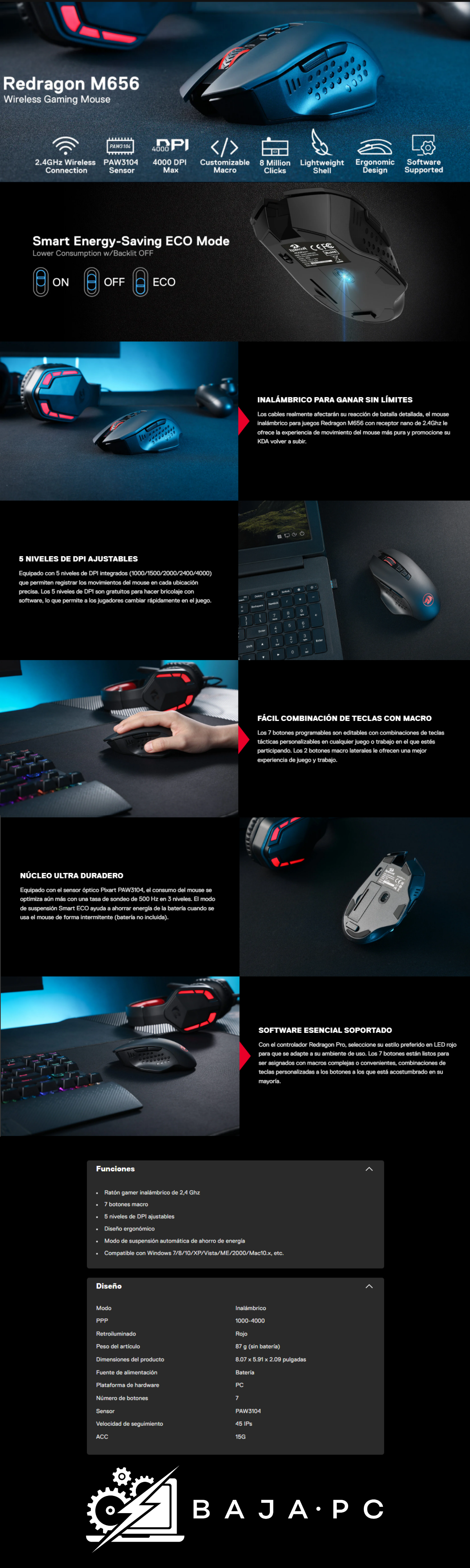 Mouse Gamer Redragon Gainer Wireless M656 / Inalámbrico / Negro / 5 Niveles de DPI Ajustables / M656