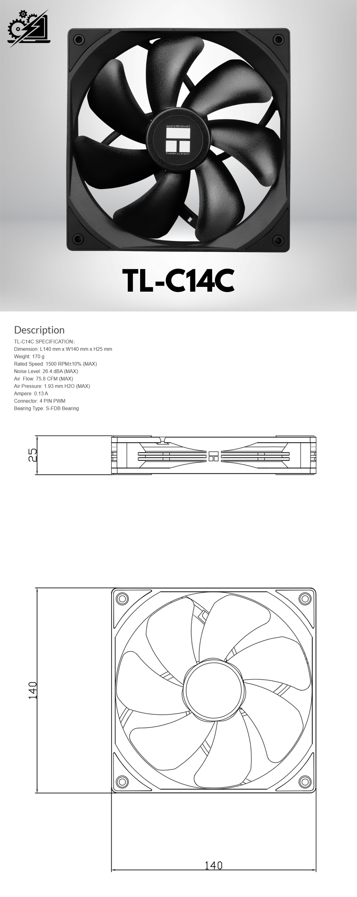 Thermalright TL-C14C X3 CPU Case Fan 140mm, PWM Fan Silent Computer Fan con 1500RPM de velocidad, ventilador negro de enfriamiento de CPU,3 cantidades