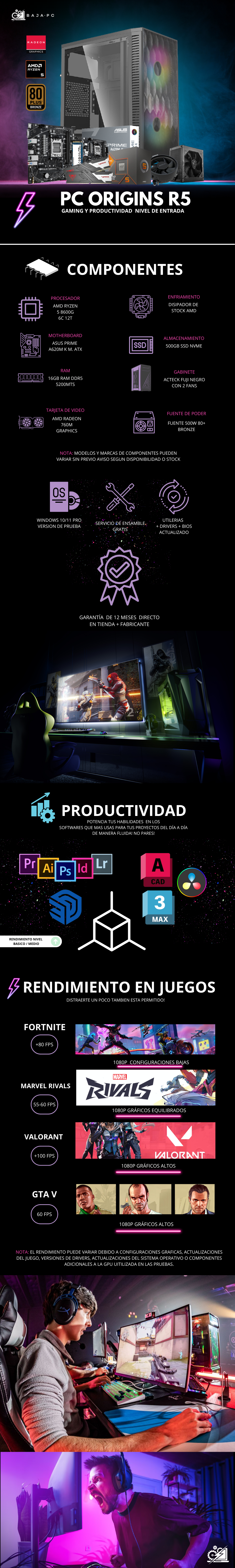 PC ORIGINS R5 / AMD RYZEN 5 8600G / RADEON 760M GRAPHICS / 16GB RAM DDR5 / 500GB SSD NVME / FUENTE 550W 80+ BRONZE/ PROMOCION