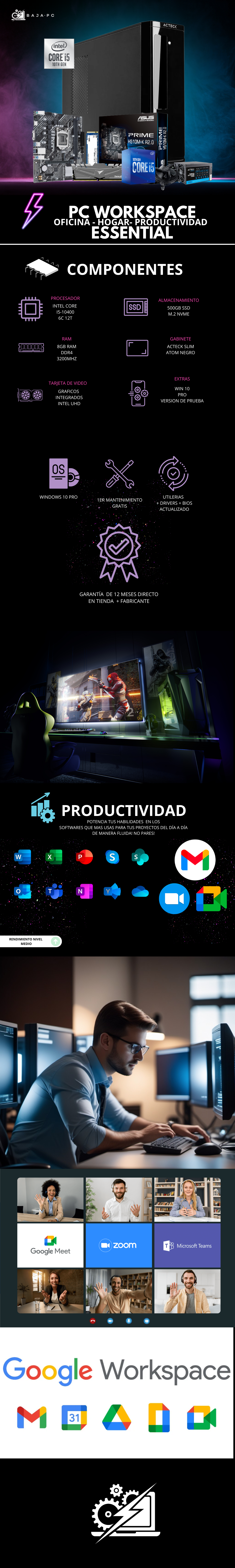 INTEL PC WORKSPACE ESSENTIAL / INTEL CORE I5-10400 / 8GB RAM / 500GB SSD NVME / FUENTE 500W/ PROMOCION