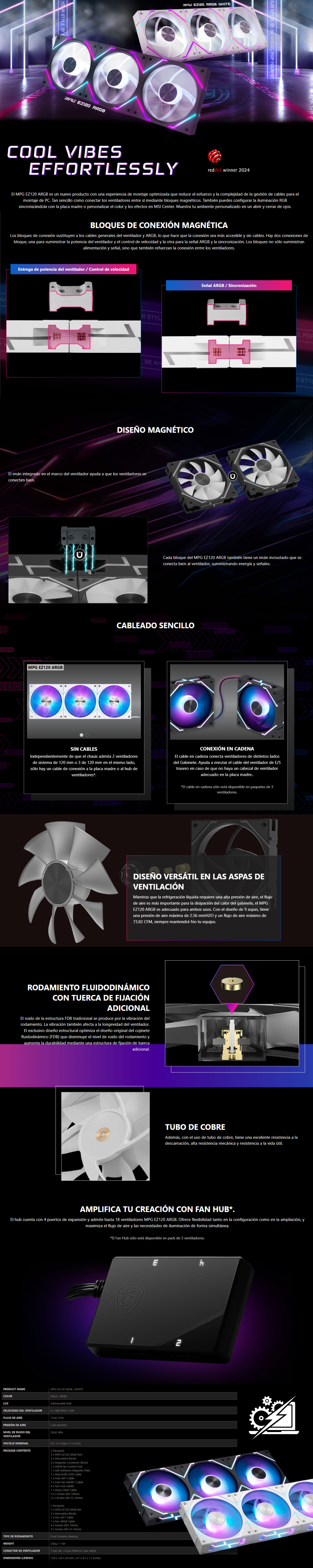 Kit 3 Ventiladores MSI MPG EZ120 ARGB / 3X120mm / ARGB LED / 0~1900 RPM / White / MPG EZ120 ARGB WHITE-3W
