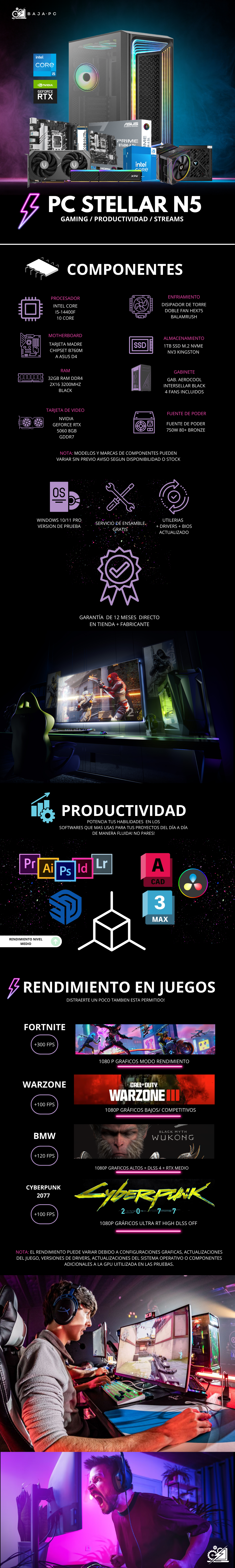 PC STELLAR N5 / INTEL CORE I5-14400F / RTX 5060 / 32GB RAM / 1TB SSD NVME / DISIPADOR DE TORRE DOBLE FAN / FUENTE 750W 80+ BRONZE / W11 PRO / PROMOCION