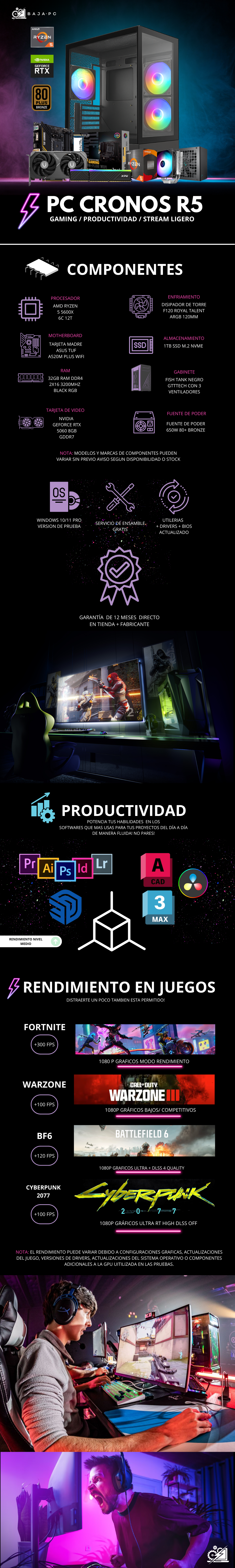 PC CRONOS R5/ AMD RYZEN 5 5500 / RTX 5060 / 32GB RAM / 1TB SSD NVME / DISIPADOR DE TORRE ARGB / FUENTE 650W 80+ BRONZE / W11 PRO /  PROMOCION