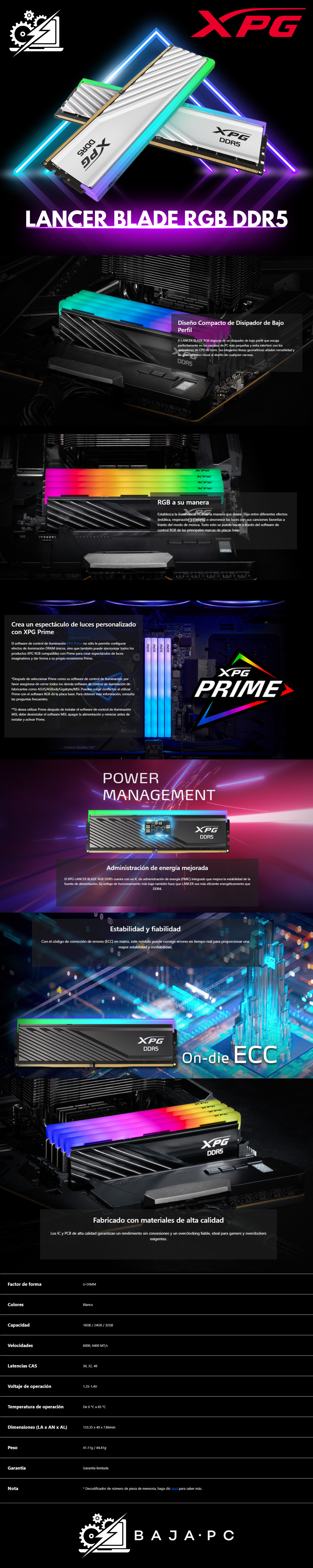 Memoria RAM XPG Lancer Blade RGB DDR5 / 6000MHz / 2x24GB / ECC / CL30 / XMP / Blanco / AX5U6000C3024G-DTLABRWH