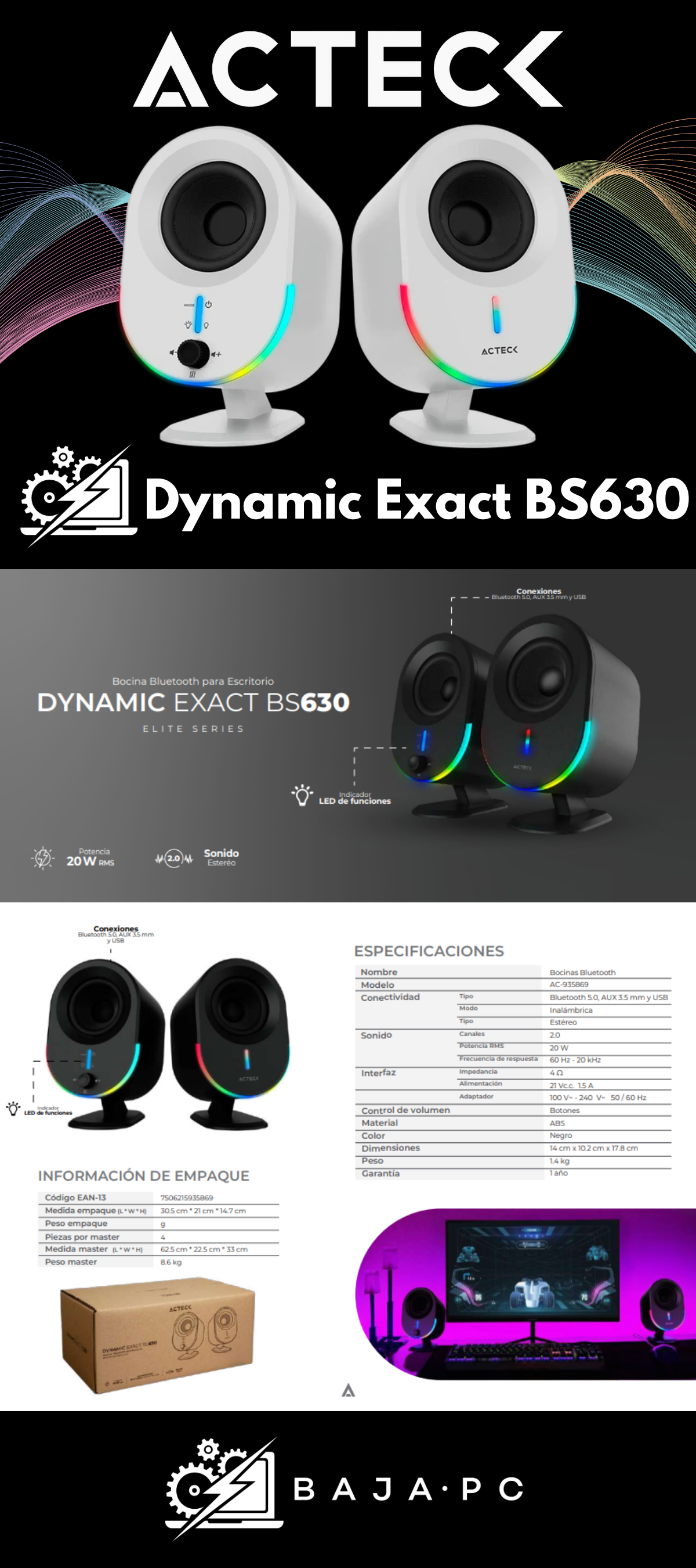 Bocinas para computadora Acteck / Dynamic Exact BS630 / Blancas / 20W / Conectividad BT / AUX / USB / sonido estéreo 2.0