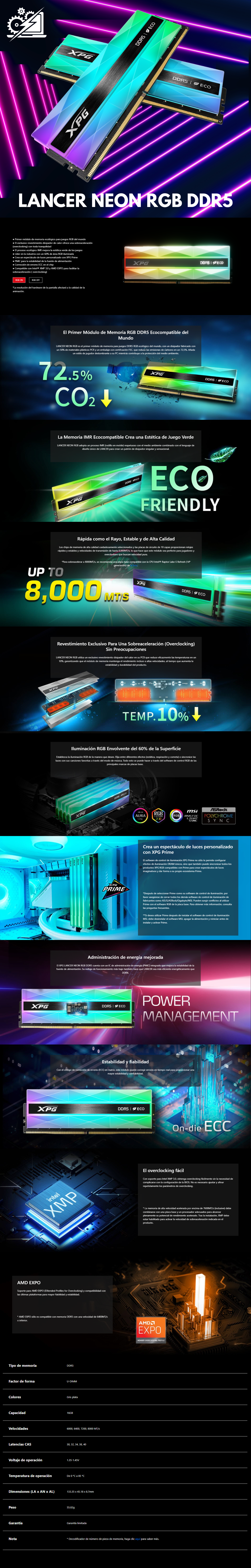 Memoria RAM XPG Lancer Neon RGB DDR5 / 6800MHz / 16GB / CL34 / XMP/EXPO / AX5U6800C3416G-CLANRSG