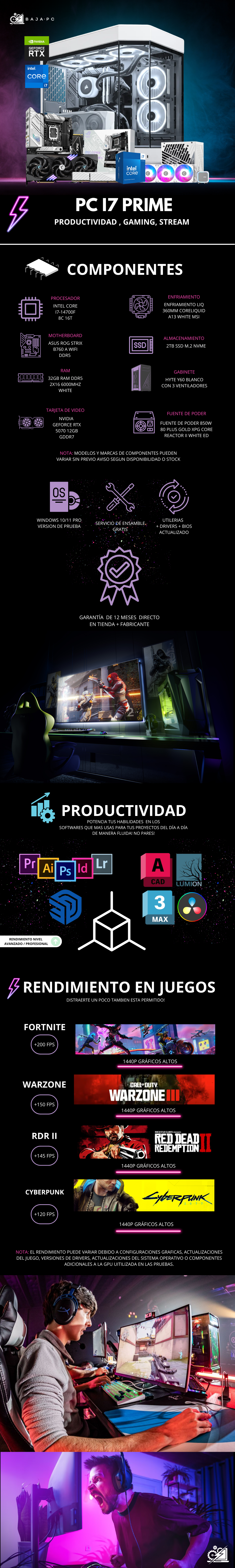 PC I7 PRIME / INTEL CORE I7-14700F / RTX 5070 / 32GB RAM DDR5 / 2TB SSD NVME / ENFRIAMIENTO LIQ 360MM / FUENTE 850W 80+ GOLD / PROMOCION