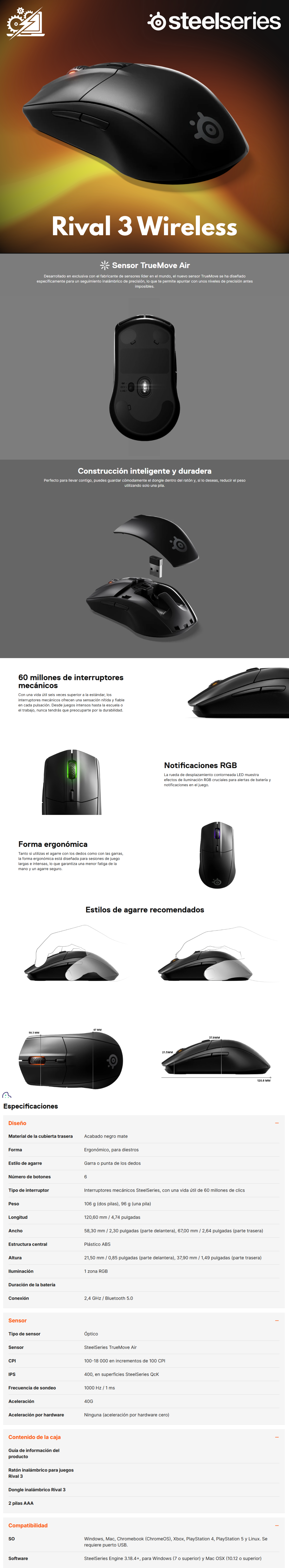 SteelSeries Rival 3 - Ratón inalámbrico para Videojuegos (400 Horas de duración de la batería, 2,4 GHz y Bluetooth 5,0-60 Millones de clics, Sensor óptico de Aire TrueMove de 18,000 CPI