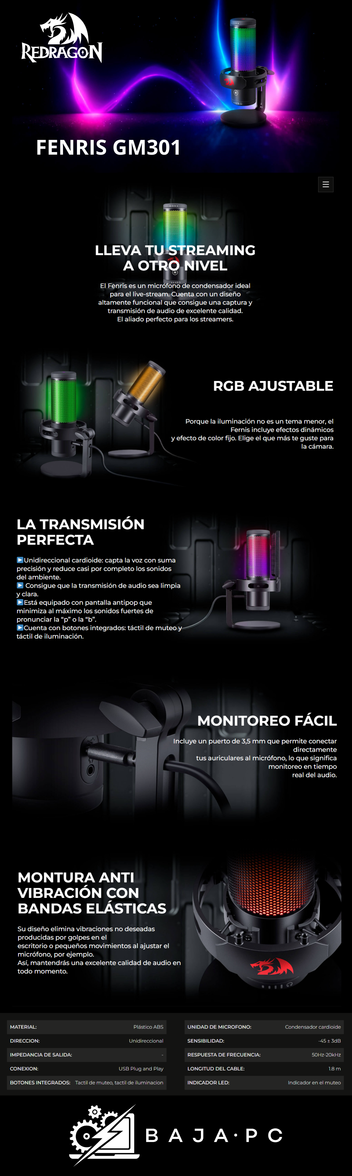Micrófono Redragon Fenris GM301, Base Incluida, RGB, USB-A, Omnidireccional