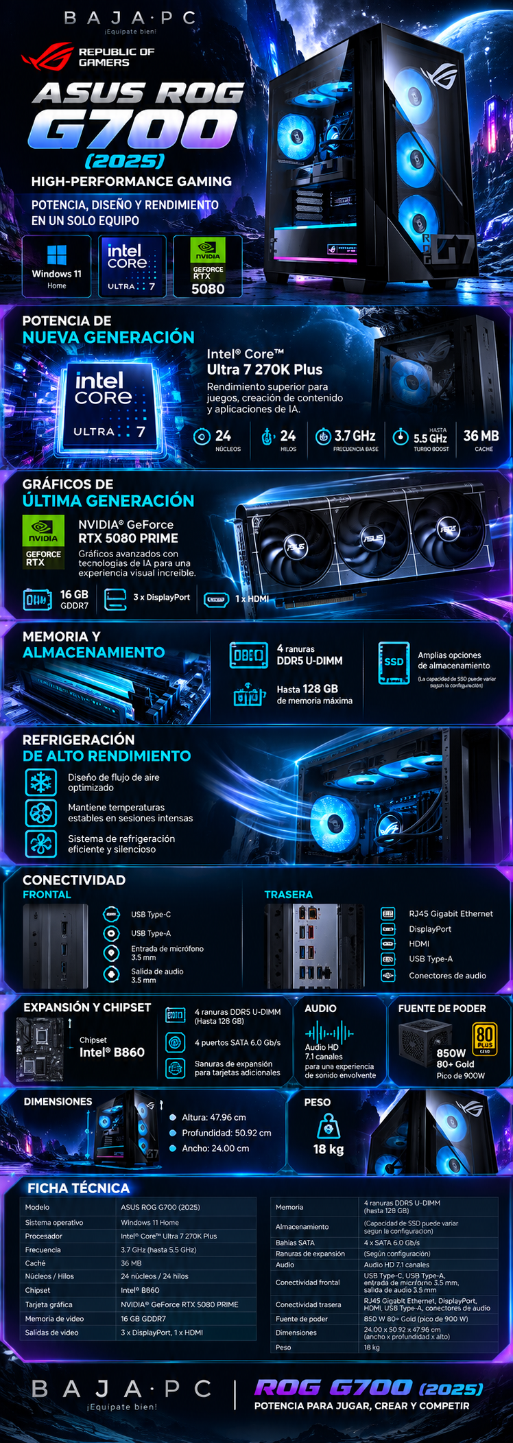 PC GAMER ROG G700 (2025) GM700 / INTEL CORE ULTRA 7 270K PLUS / RTX 5080 / 32GB RAM DDR5 / 2TB SSD NVME / FUENTE 850W 80 + GOLD / POWERED BY ASUS ROG / PROMOCION