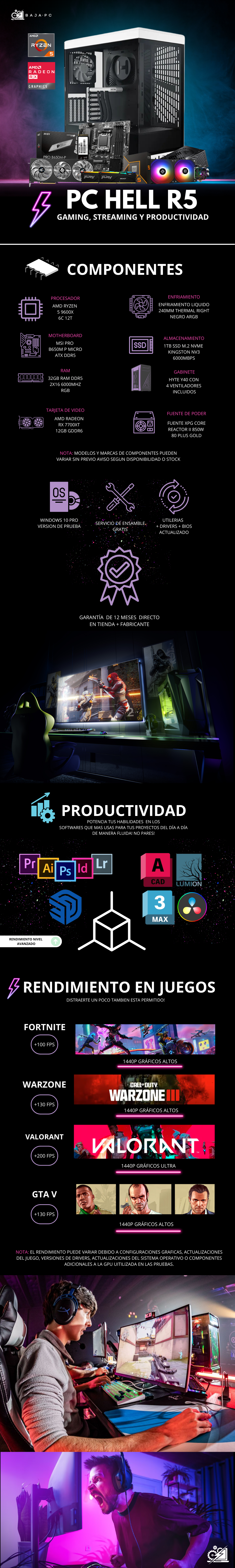 PC HELL R5 / AMD RYZEN 5 9600X / RADEON RX 7700XT / 32GB RAM DDR5 / 1TB SSD M.2 NVME / FUENTE 850W 80+ GOLD / ENFRIAMIENTO LIQ 240MM / W11 PRO CON LICENCIA DE REGALO /  PROMOCION