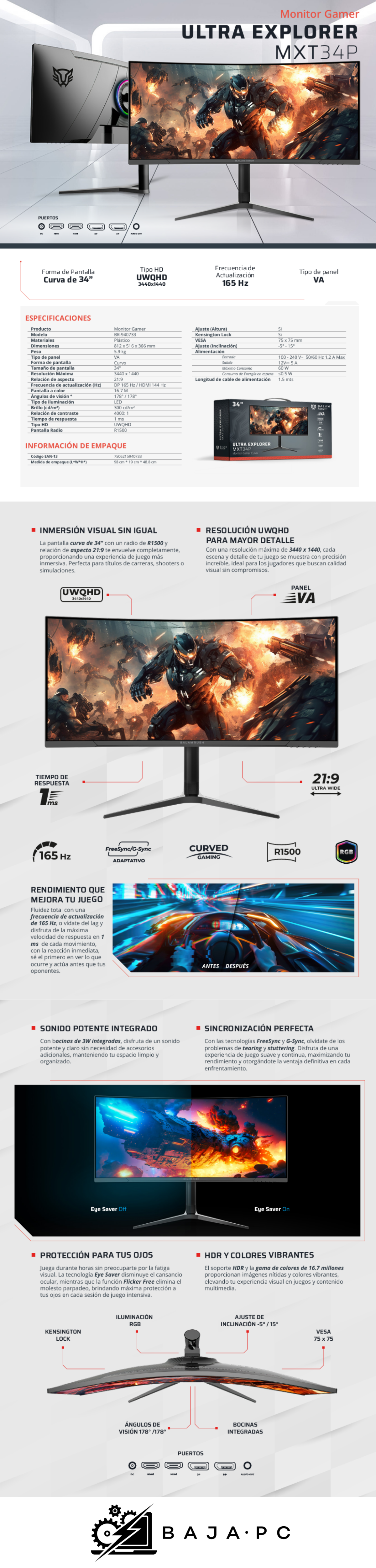 Monitor Gaming 34 Pulgadas Curvo 165hz/ 1ms / Ultra Explorer MXT34P Balam Rush/ Freesync/G-Sync Adaptativo / 3440x1440 UWQHD