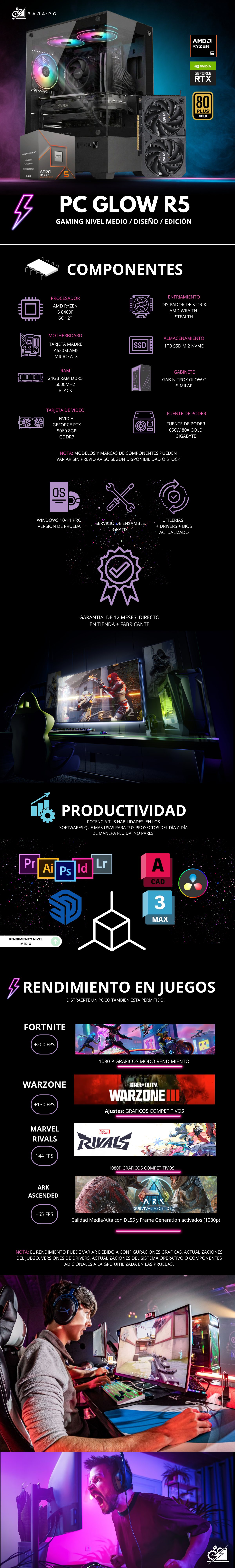PC GLOW R5 PRO / AMD RYZEN 5 8400F / RTX 5060 / 24GB RAM DDR5 / 1TB SSD NVME / A620M / FUENTE 650W 80+ GOLD / W11 PRO /  PROMOCION