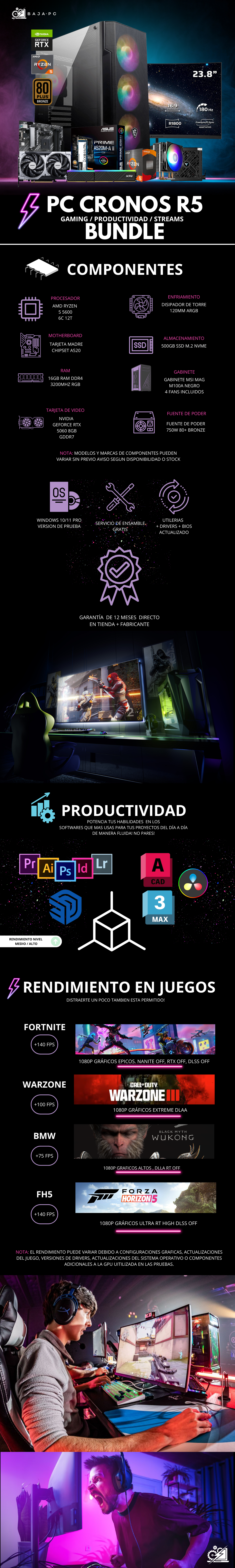 PC CRONOS R5 BUNDLE / AMD RYZEN 5 5600 / RTX 5060 / 16GB RAM / 500GB SSD M.2 NVME / DISIPADOR DE TORRE/ FUENTE 750W 80+ BRONZE/ INCLUYE MONITOR 24" FHD 165HZ 1MS / PROMOCION