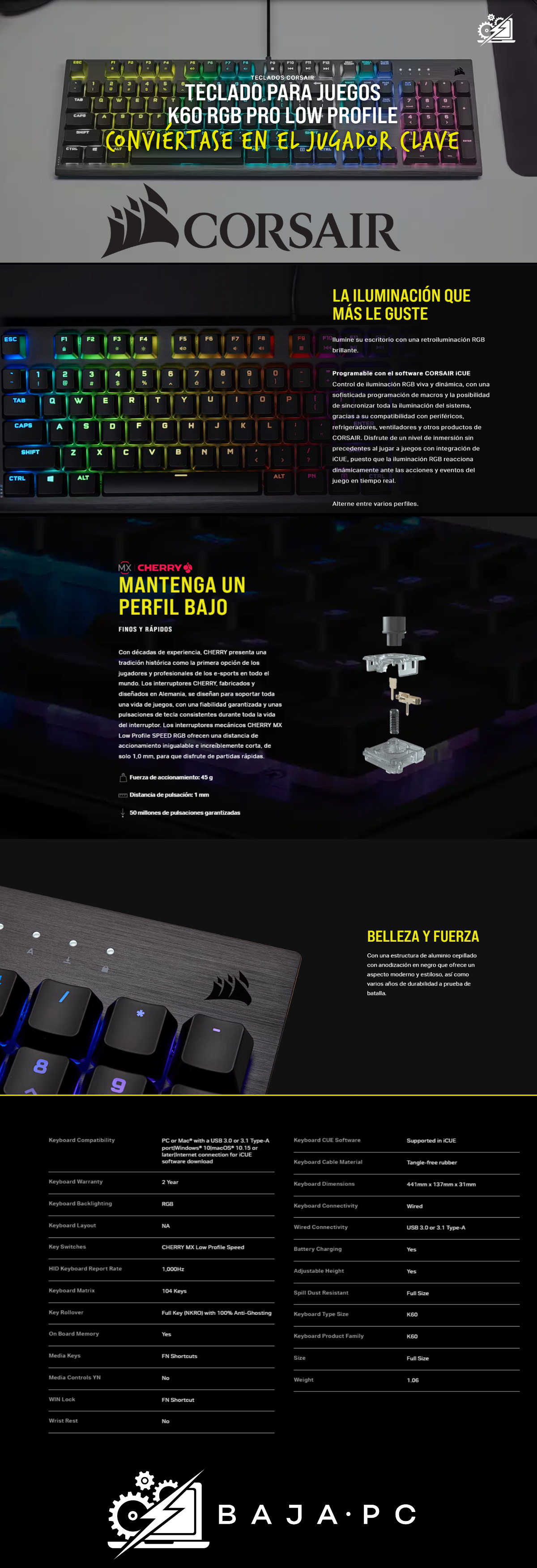 Teclado Mecánico Corsair K60 RGB PRO LOW PROFILE / Gamer / Switch Cherry MX / CH-910D018-NA