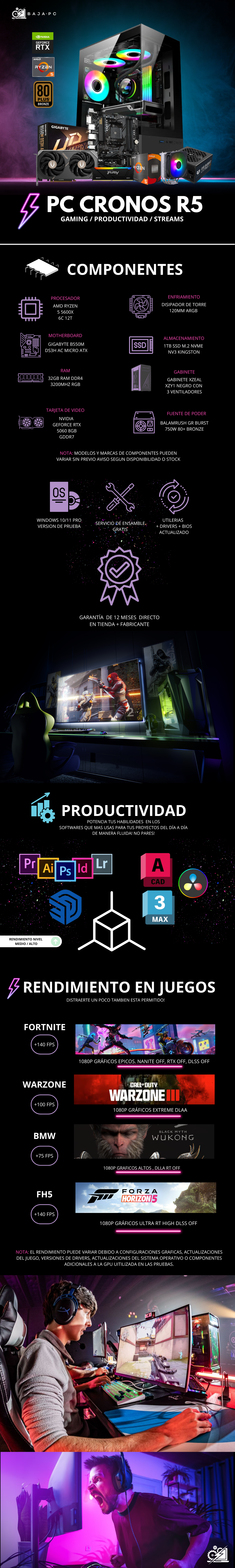 PC CRONOS R5 / AMD RYZEN 5 5600X / RTX 5060 / 32GB RAM / 1TB SSD NVME / DISIPADOR DE TORRE / FUENTE 750W 80+ BRONZE / PROMOCION