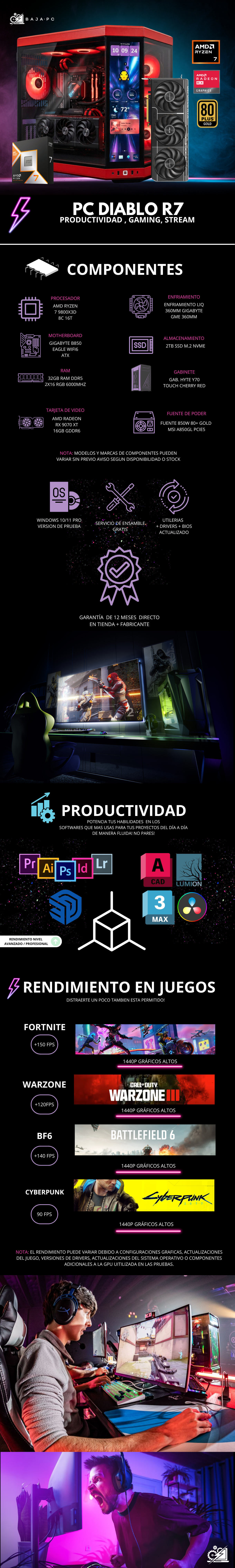 PC DIABLO R7 / AMD RYZEN 7 9800X3D/ RADEON RX 9070 XT 16G / 32GB RAM DDR5 / 2TB SSD NVME / ENFRIMIENTO LIQ 360MM / HYTE Y70 TOUCH / 850W 80+ GOLD / W11 PRO / PROMOCION