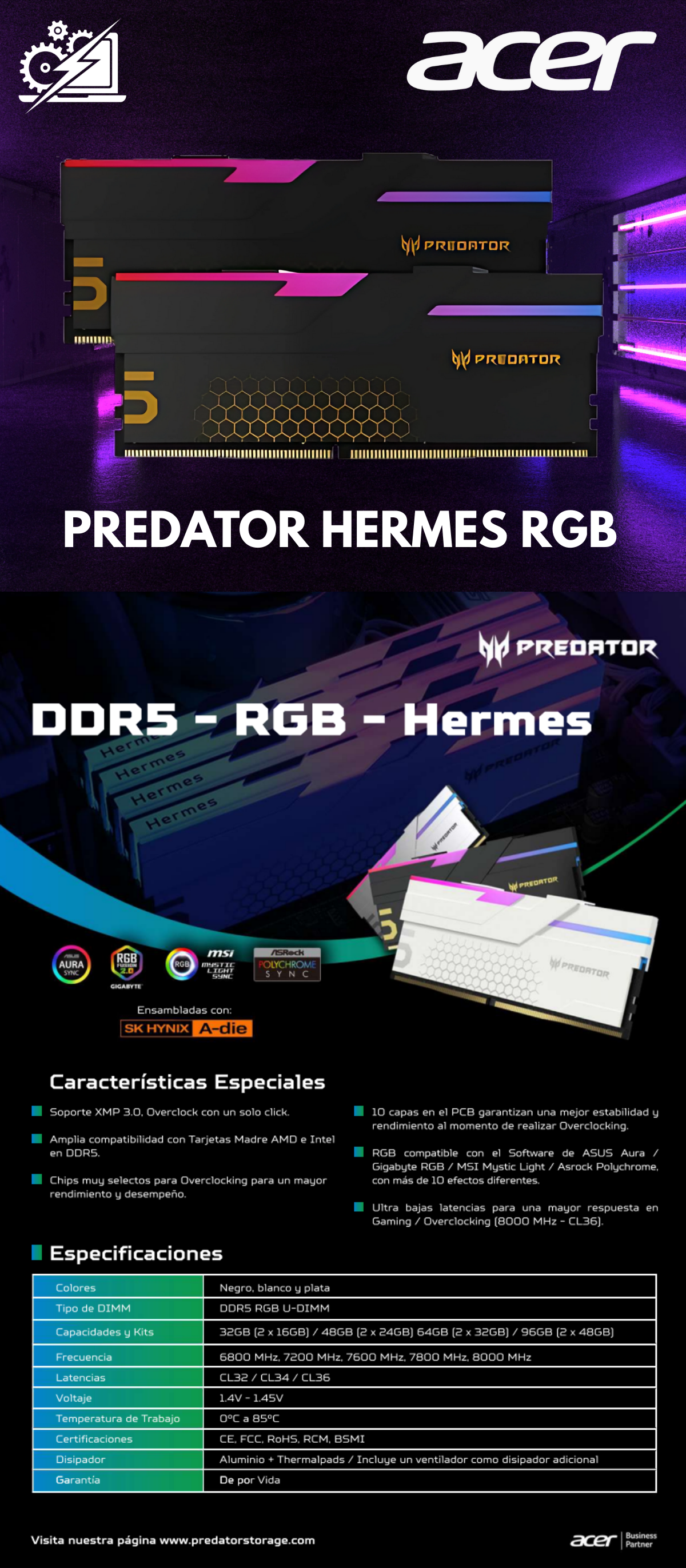 Memoria RAM Acer Predator Hermes RGB DDR5 / 6800MHz / 48GB (2x24GB) / ECC / XMP 3.0 / Black / BL.9BWWR.445