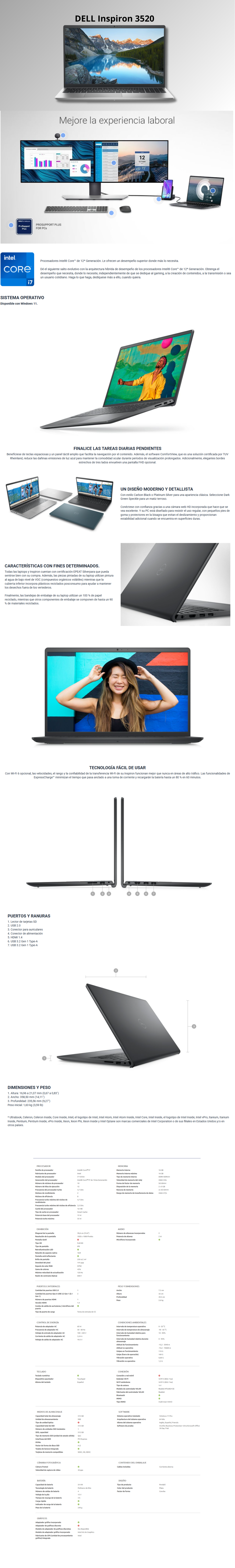 Laptop Dell Inspiron 3520 / Intel Core I7-1255U / 16GB RAM / 512GB SSD / Pantalla 15.6" FHD IPS / Windows 11 Pro / Promocion